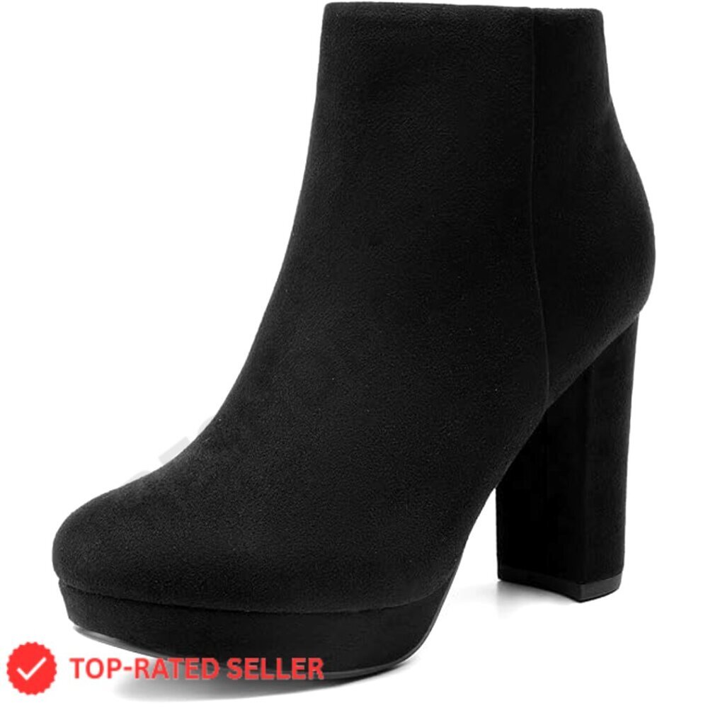 Chic Platform Ankle Boots Round Toe Block Heel Zipper Closure Faux Suede